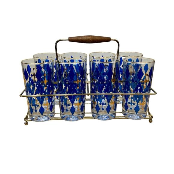 MCM Vintage Highball Glasses Blue Diamond Set of 8 With Cabby - Picture 5 of 7